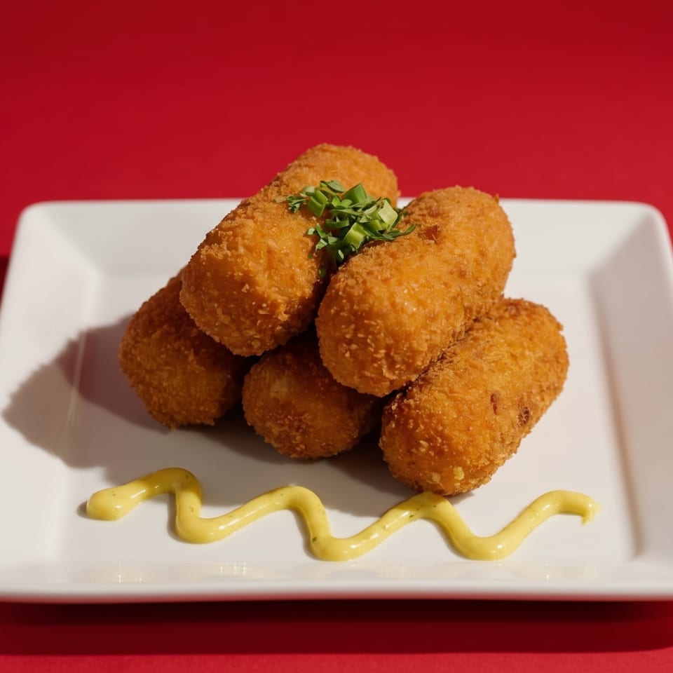 Golden-brown croquettes topped with chives and a squiggle of mustard on a white rectangular plate.
