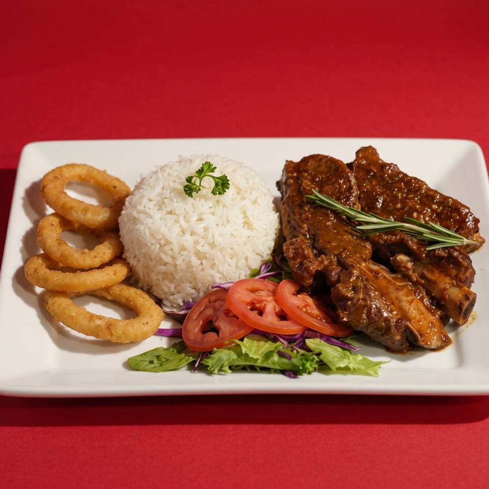 Plate of BBQ ribs with rice, onion rings, and a side salad on a red background.