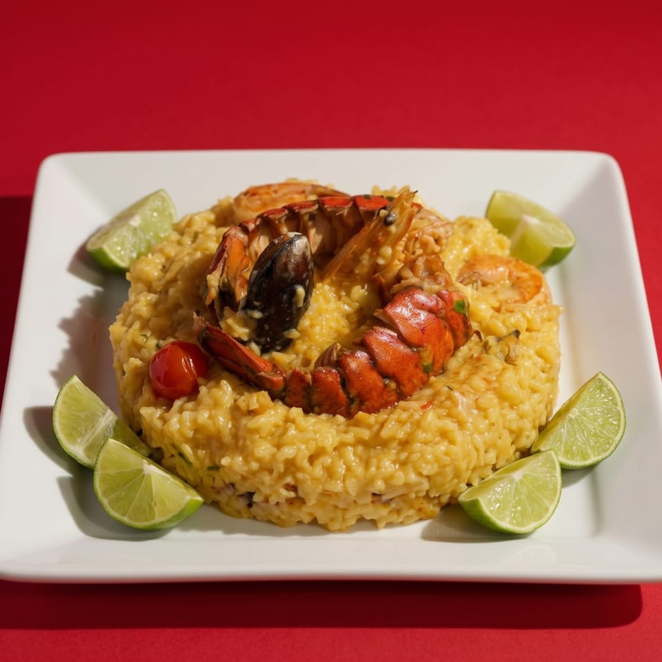 Seafood risotto with lobster, shrimp, mussels, and lime wedges on a white plate.