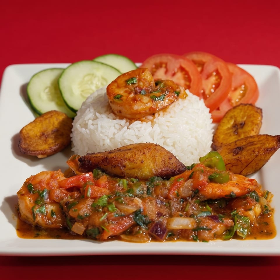 Shrimp creole with white rice, fried plantains, sliced cucumbers, and tomatoes on a white plate.