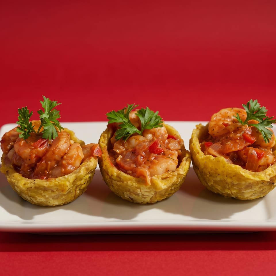 Three shrimp tostones with red sauce and parsley on a white rectangular plate against a red background.