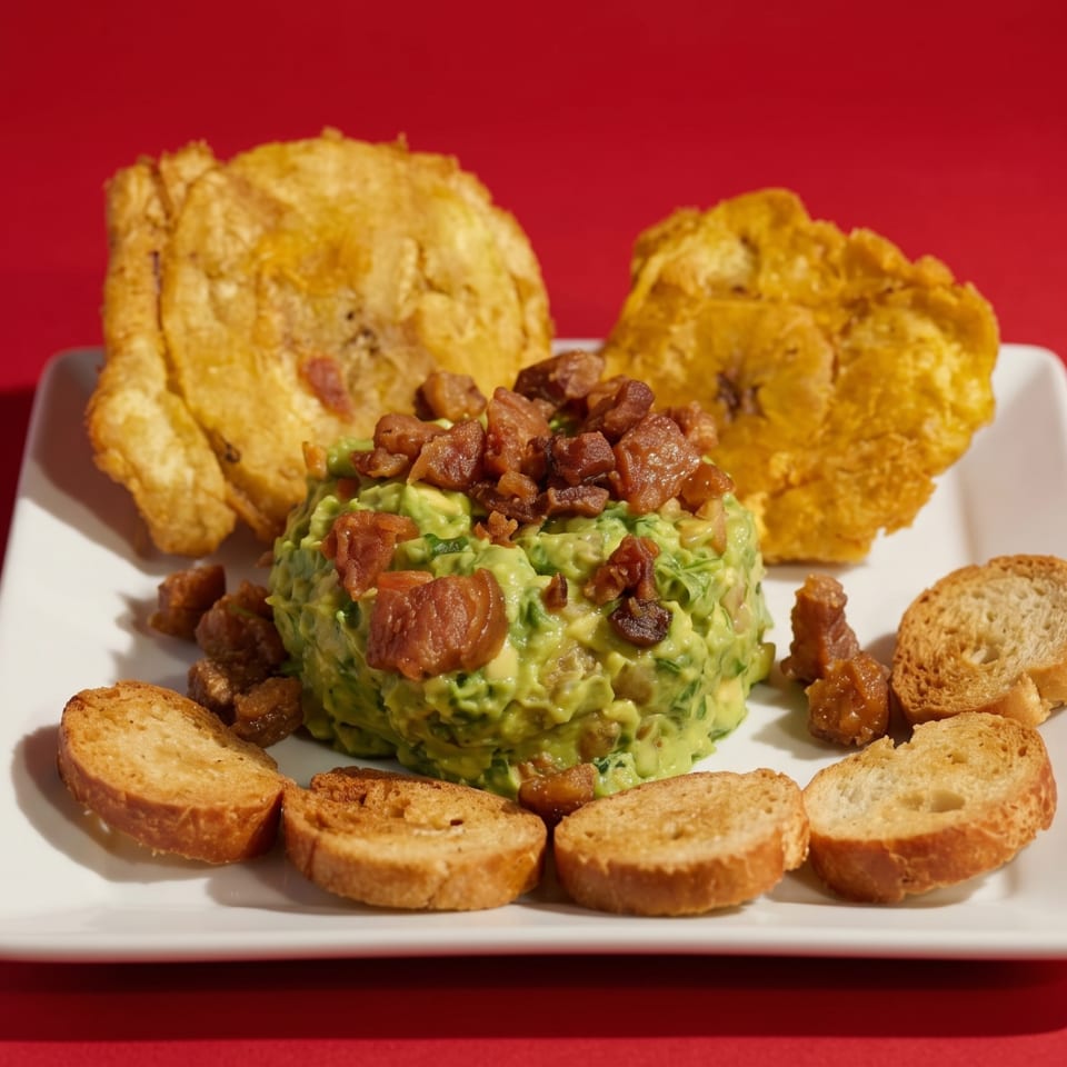 Guacamole topped with bacon bits, served with plantain chips and toasted bread slices on a white plate.