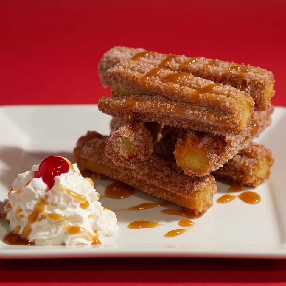 Churros with caramel drizzle and whipped cream topped with a cherry on a white plate.