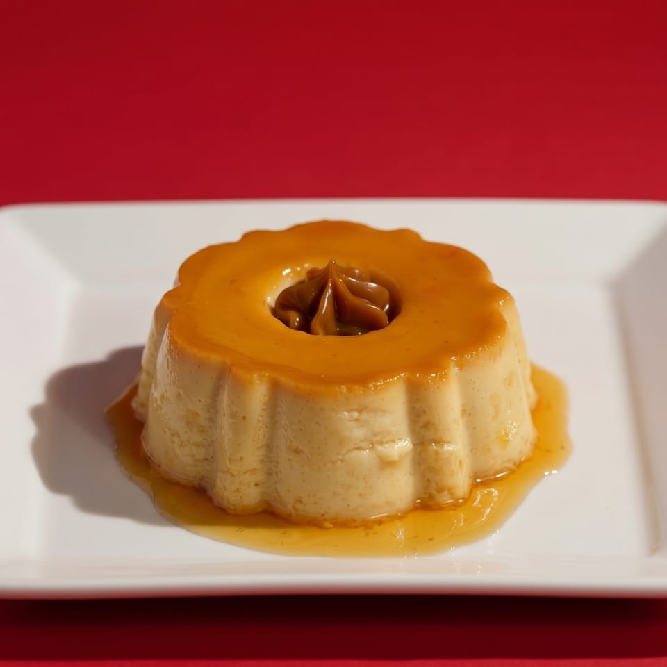 Flan dessert with dulce de leche in the center, on a white plate against a red background.